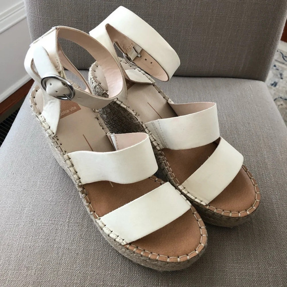 Dolce Vita Womens 10 Cream Leather Espadrille Wedge Sandals Summer 4.5” Heel - Picture 2 of 9